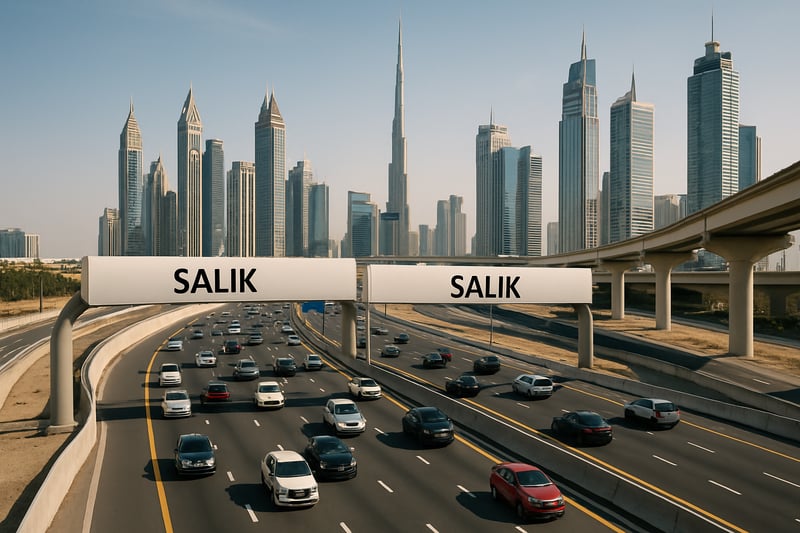 Dubai toll road system with modern city skyline Dubai toll road system with modern city skyline