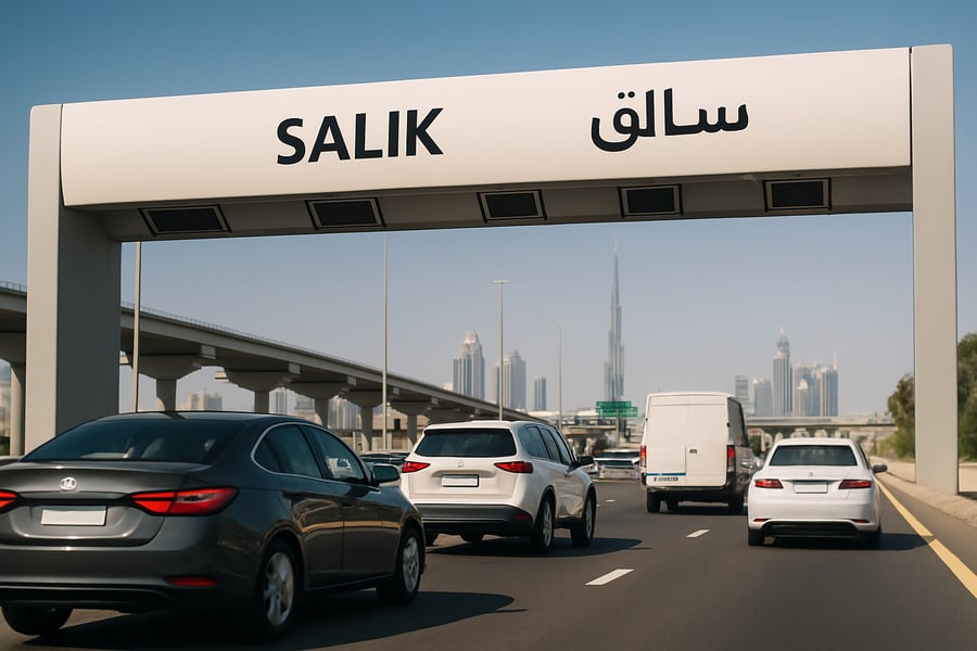Dubai toll road with cars passing through electronic toll gate Dubai toll road with cars passing through electronic toll gate